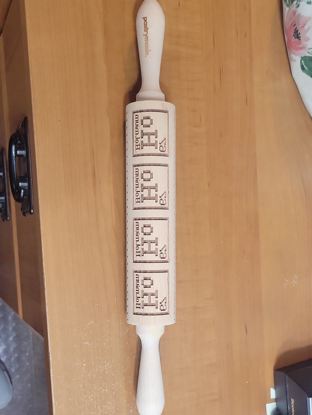 Pastry Natural Wood Patterned Rolling Pin with Repeating Logo Designs